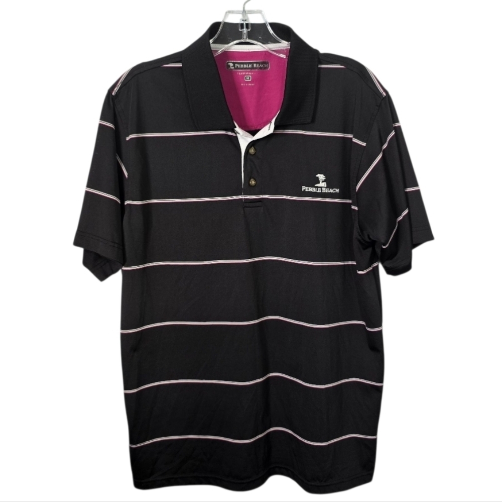 Pebble Beach Performance Black Striped Polo Shirt Size Medium Polyester *